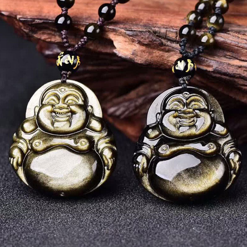 Laughing mystic zen Gold Sheen Obsidian Wealth Necklace Pendant