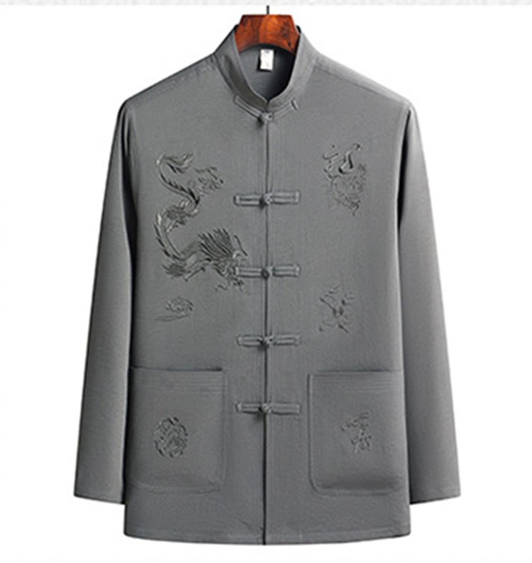 Chinese New Year Embroidered Dragon Frog-button Tang Suit Hanfu Long Sleeve Top Pants Clothing Men's Set