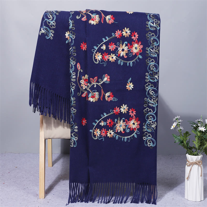 Polyester Shawl Colorful Flower Ethnic Style Embroidery Tassel Winter Cozy Travel Scarf Wrap