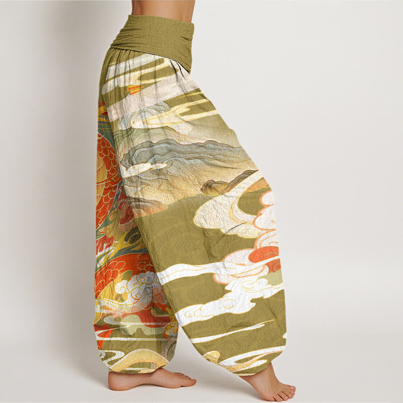 Dragons Auspicious Clouds?pattern Women's Elastic Waist Harem Pants