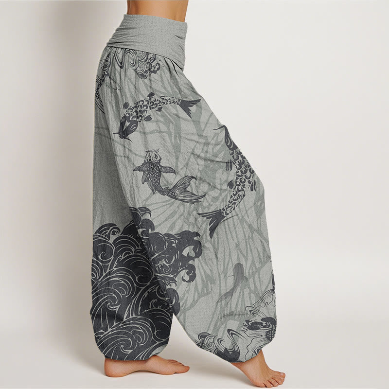 Koi FIsh Lotus Waves Women's Elastic Waist Harem Pants