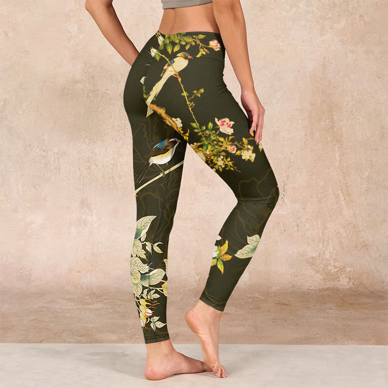 Black Magnolia Flowers Print Gym Leggings Women's Yoga Pants