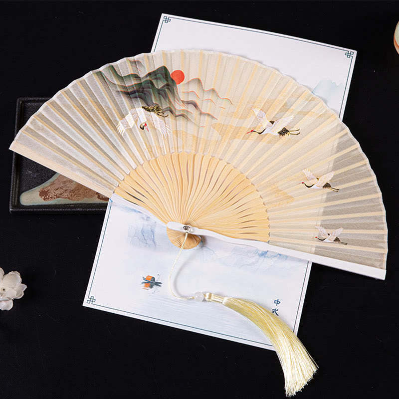 Cranes Auspicious Clouds Solid Color Gradient Handheld Cotton Linen Fabric Bamboo Folding Fan