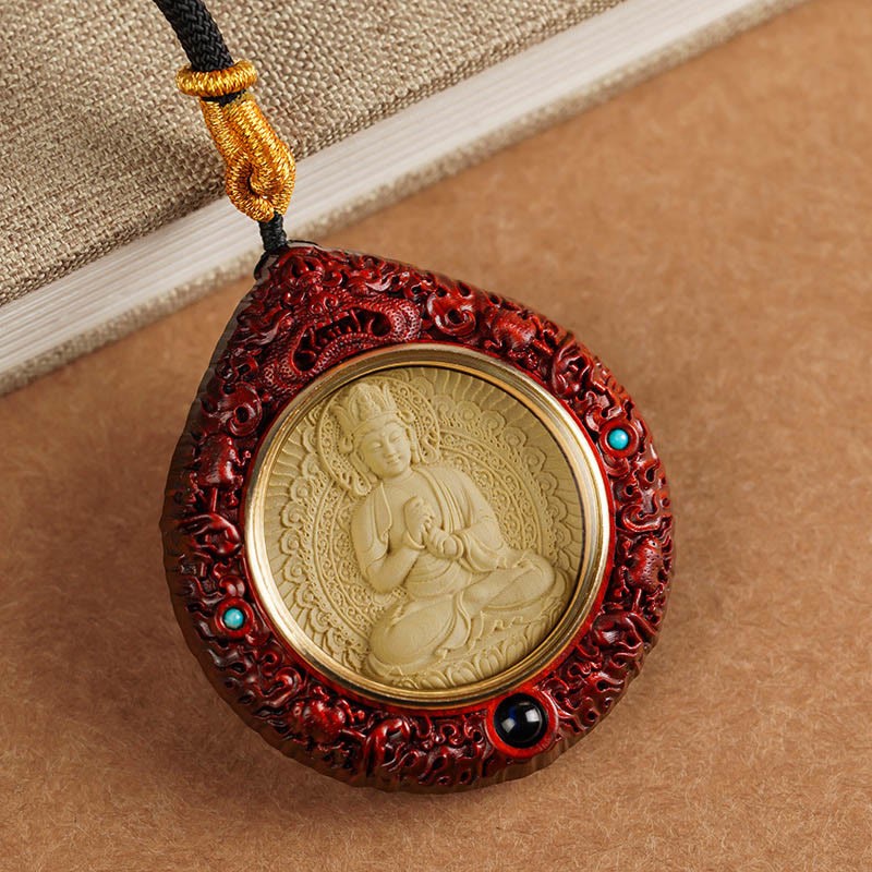 Chinese Zodiac Avalokitesvara Small Leaf Red Sandalwood Ebony Longevity Necklace Pendant