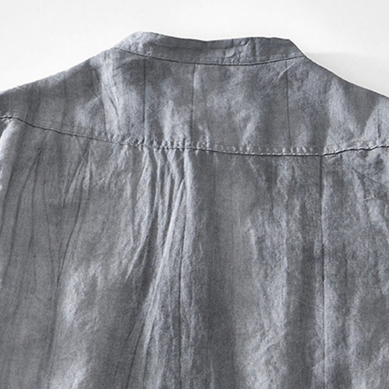 Half Button Short Sleeve V-neck Ramie Cotton Men's Shirt