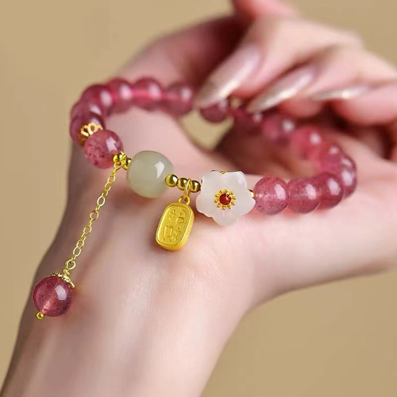 Strawberry Quartz Fu Character Pink Crystal Healing Bracelet