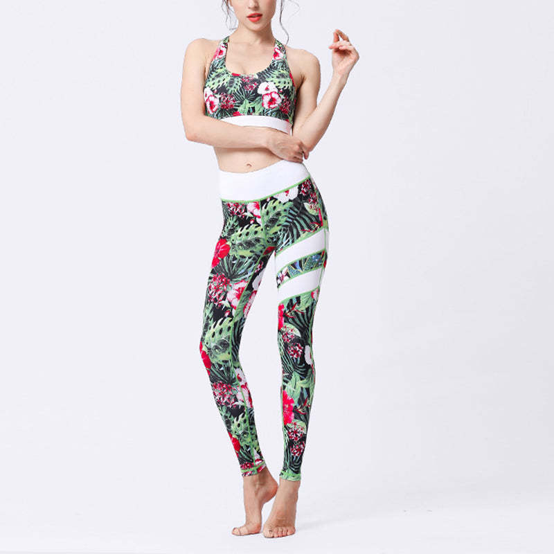 2Pcs Sunflower Flowers Leaves Print Top Pants Sports Fitness Yoga Women's Yoga Sets