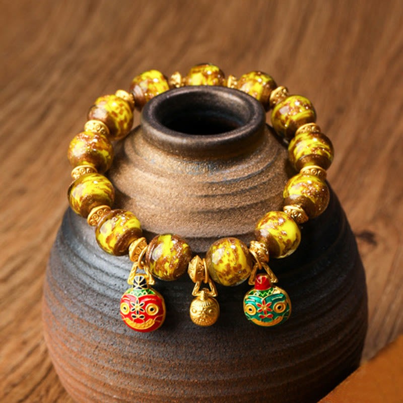 Gold Swallowing Beast Family Charm Liuli Glass Bead Fortune Bracelet