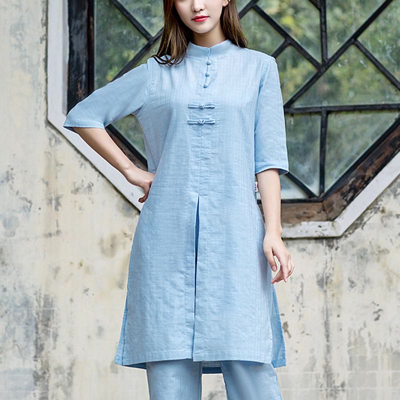 2Pcs Half Sleeve Shirt Top Pants Meditation Zen Tai Chi Linen Clothing Women's Set