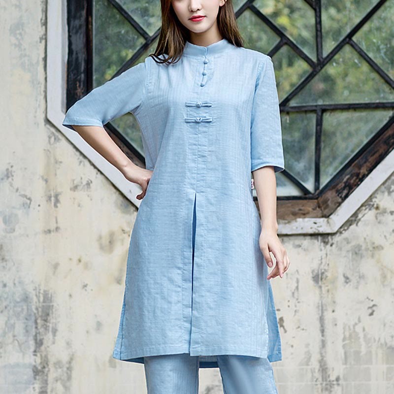 2Pcs Half Sleeve Shirt Top Pants Meditation Zen Tai Chi Linen Clothing Women's Set