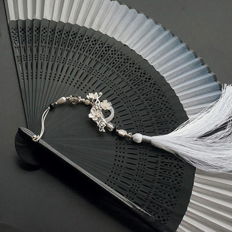 Ink Gradient Hollow Rib Plum Bossom Tassel Silk Handheld Bamboo Folding Fan