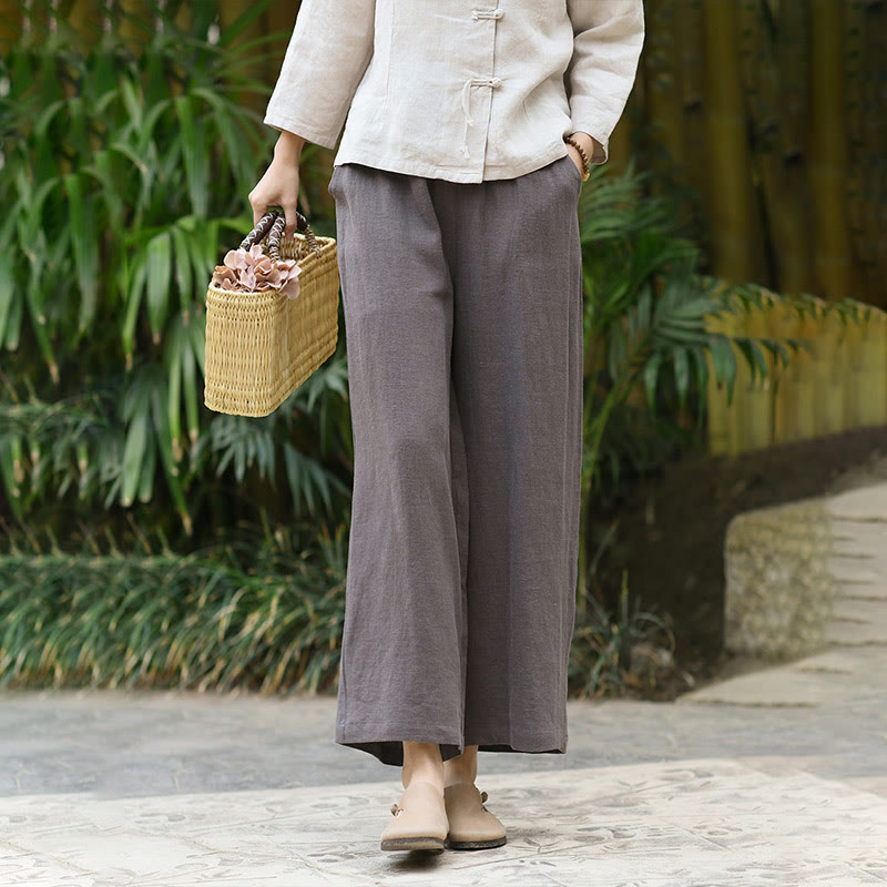 Casual Plain Solid Color Elastic Linen Women's Pants With Pockets