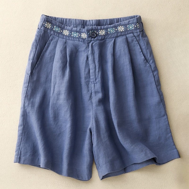 Summer Casual Embroidery Flower Pleated Zipper Button Cotton Linen Women's Shorts With Pockets