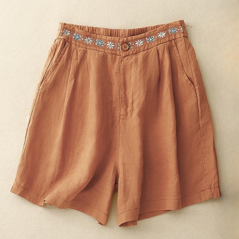 Summer Casual Embroidery Flower Pleated Zipper Button Cotton Linen Women's Shorts With Pockets
