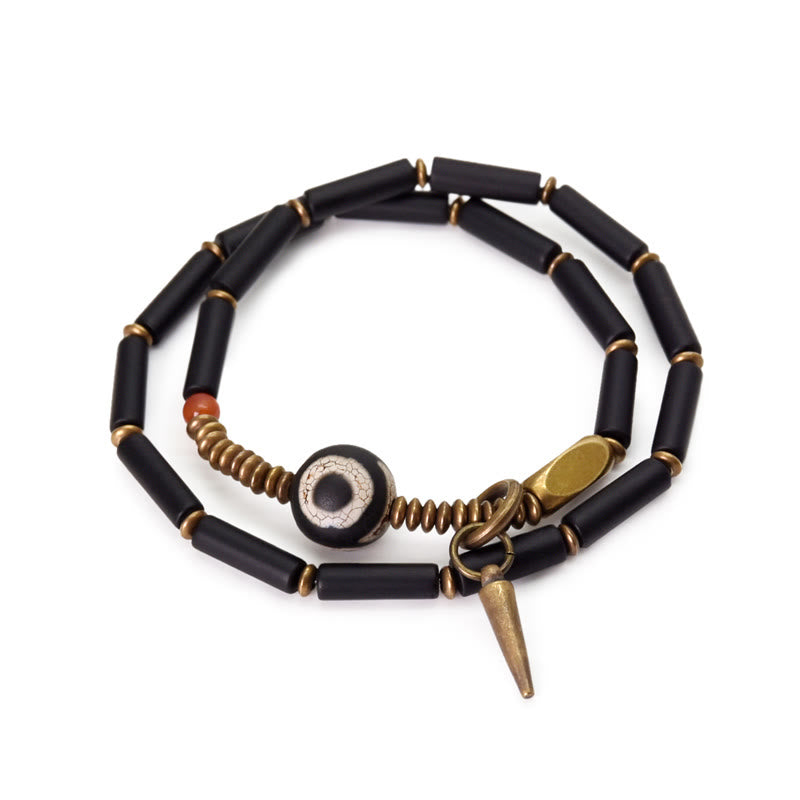 Black Onyx Copper Dzi Bead Cone Pendant Double Wrap Protection Bracelet