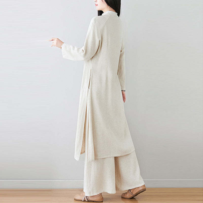 2Pcs Chinese Frog Button Design Zen Tai Chi Meditation Clothing Cotton Linen Top Pants Women's Set
