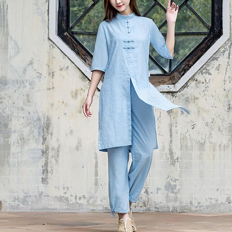 2Pcs Half Sleeve Shirt Top Pants Meditation Zen Tai Chi Linen Clothing Women's Set