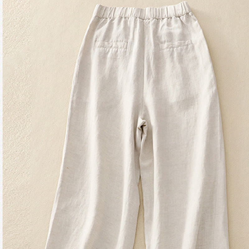 Solid Color Front Button Back Elastic Cotton Linen Women's Pants With Pockets