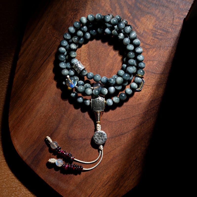 925 Sterling Silver 108 Mala Beads Eagle's Eye Stone Moonstone Positive Bracelet