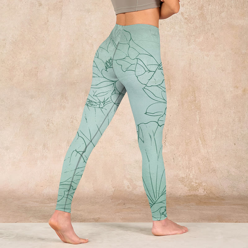 Green Lotus Flower Print Sports Leggings Women's Yoga Pants