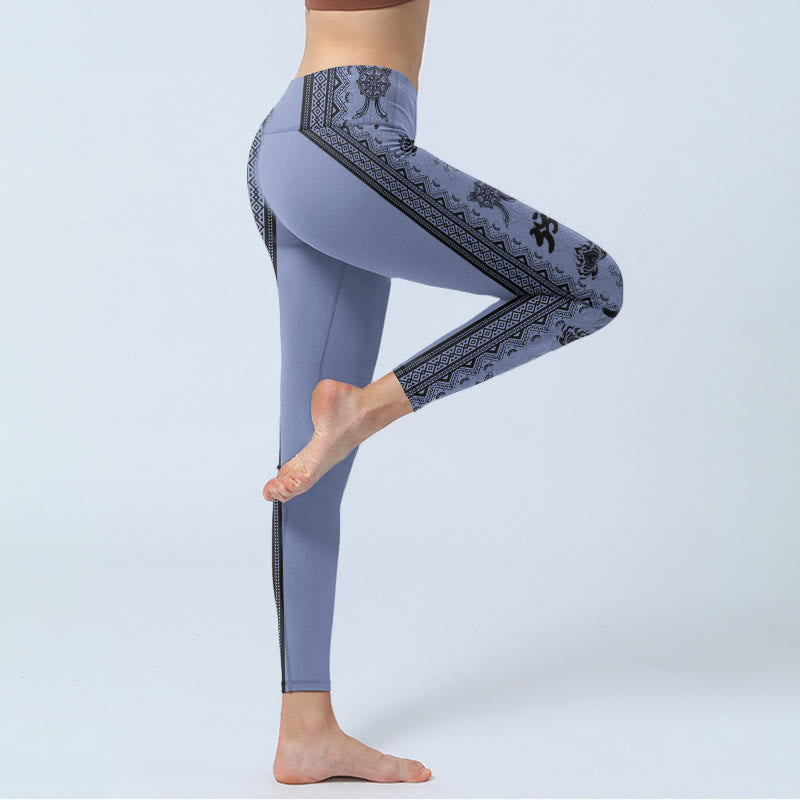 Blue Stitching Sanskrit Word Om Lotus Pattern Print Gym Leggings Women's Yoga Pants