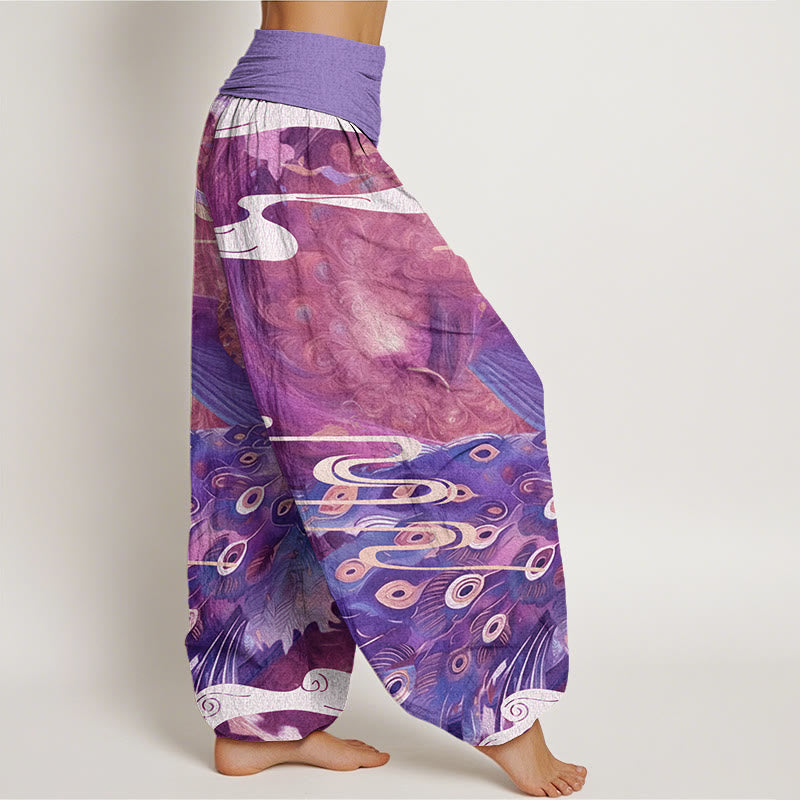 Vibrant Peacock Auspicious Clouds Pattern Women's Elastic Waist Harem Pants