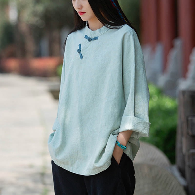 Ramie Linen Loose Blouse Women Long Sleeve Shirt Chinese Hanfu Top