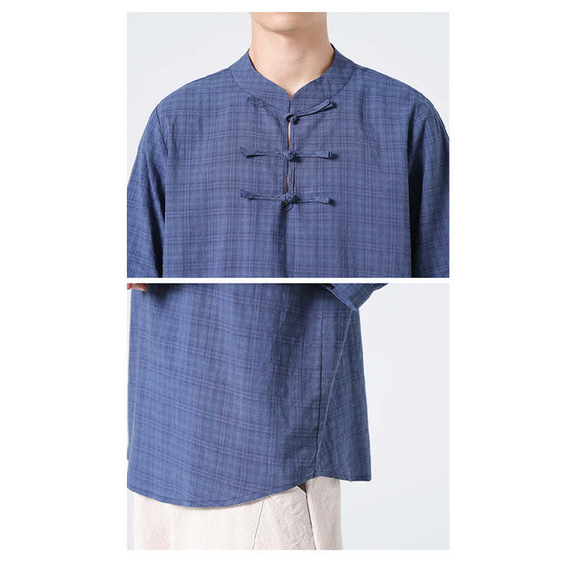 Frog-Button Plaid Pattern Chinese Tang Suit Half Sleeve Shirt Cotton Linen Men Clothing