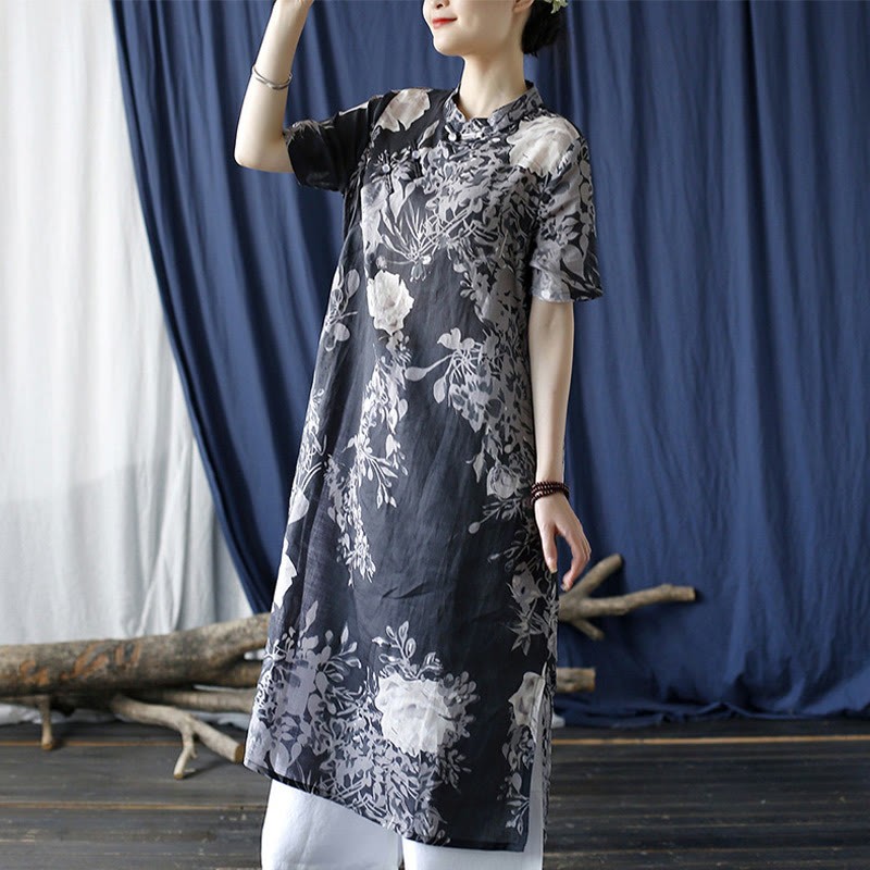 Ramie Linen Blue Flowers Leaves Cheongsam Dresses Short Sleeve Dress
