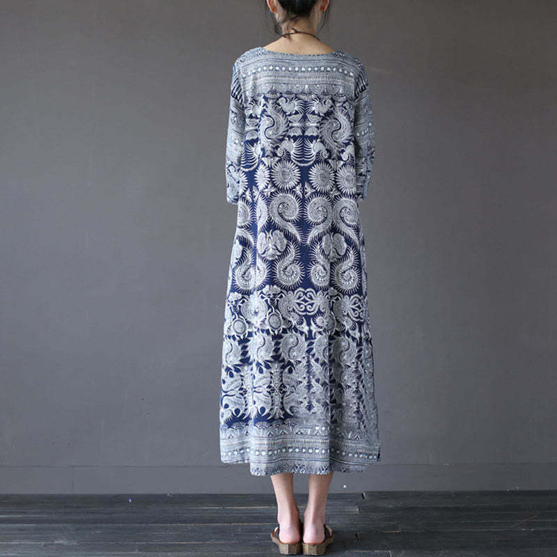Blue White Flower Printed Button Midi Dress Three Quarter Sleeve Cotton Linen Dress With Pockets