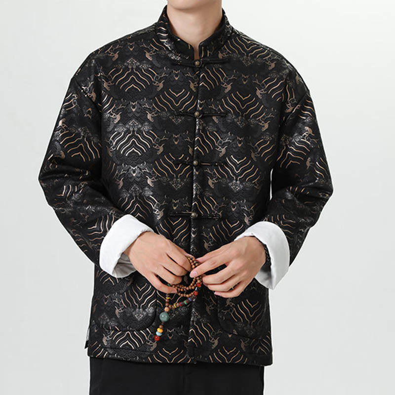 Frog-Button Chinese Tang Suit Wave Shape Long Shirt Men Jacket Clothing