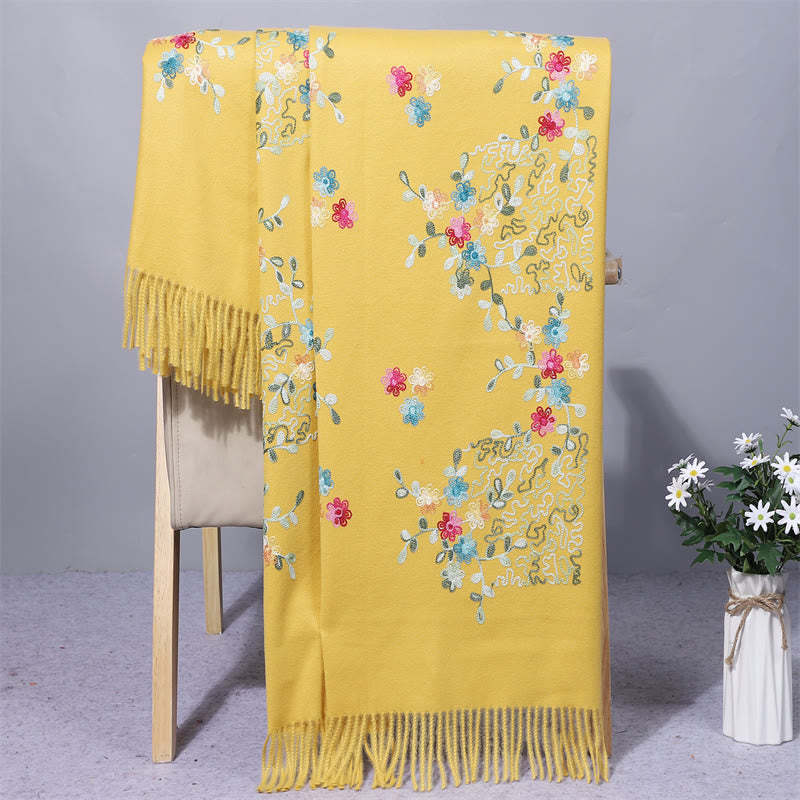 Rayon Fabric Shawl Colorful Small Flowers Embroidery Tassel Winter Cozy Travel Scarf Wrap