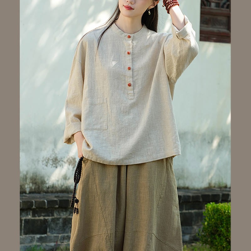Solid Color Loose Button Blouse Long Sleeve Shirt Top
