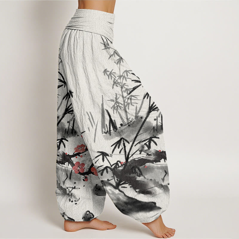 Plum Blossoms Bamboo Orchids Chrysanthemums Pattern Women's Elastic Waist Harem Pants