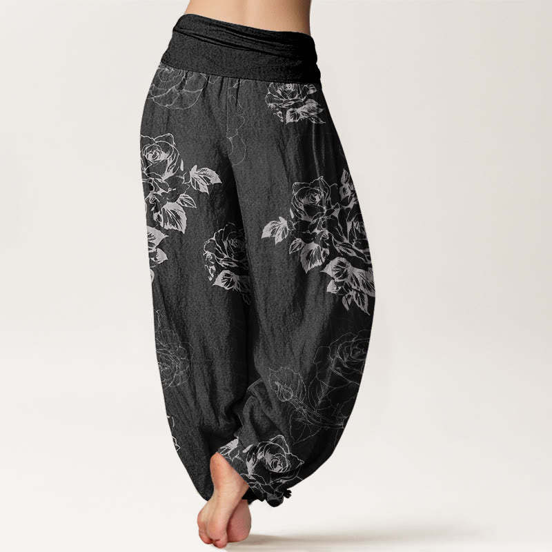 Casual Rose Peony Flowers Women's Elastic Waist Harem Pants