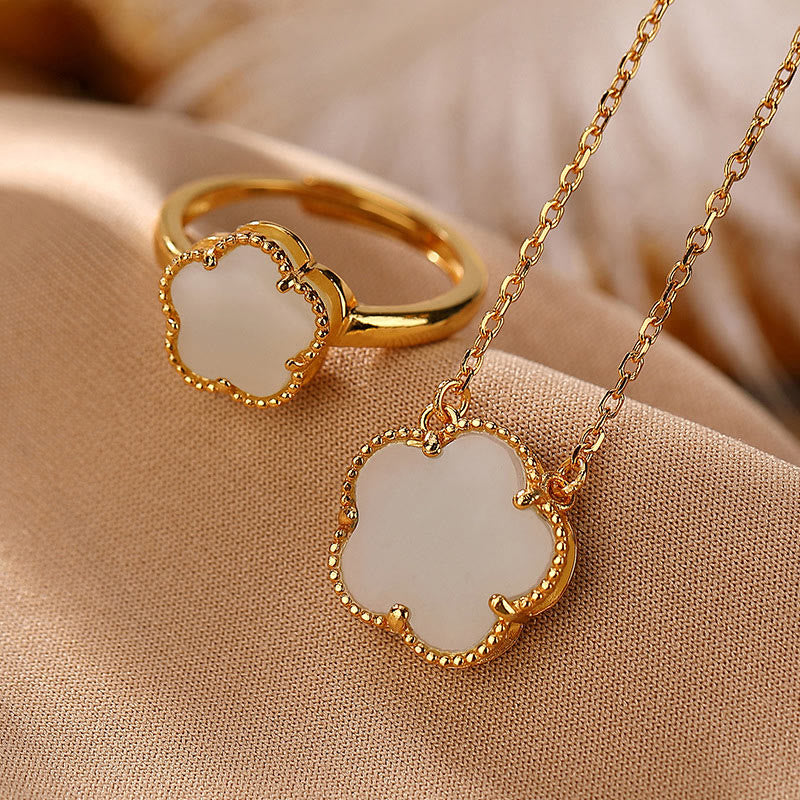 925 Sterling Silver Plated Gold Natural Hetian Jade Flower Luck Necklace Pendant Ring Set