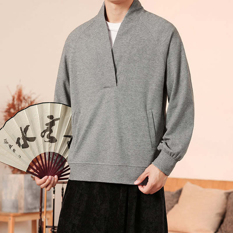 Fall Simple V-Neck Men's Sweatshirt Cotton Pullover With Pockets