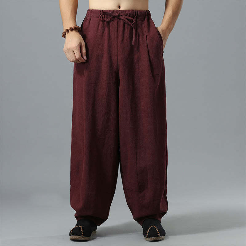 Casual Solid Color Drawstring Cotton Linen Men's Pants With Pockets