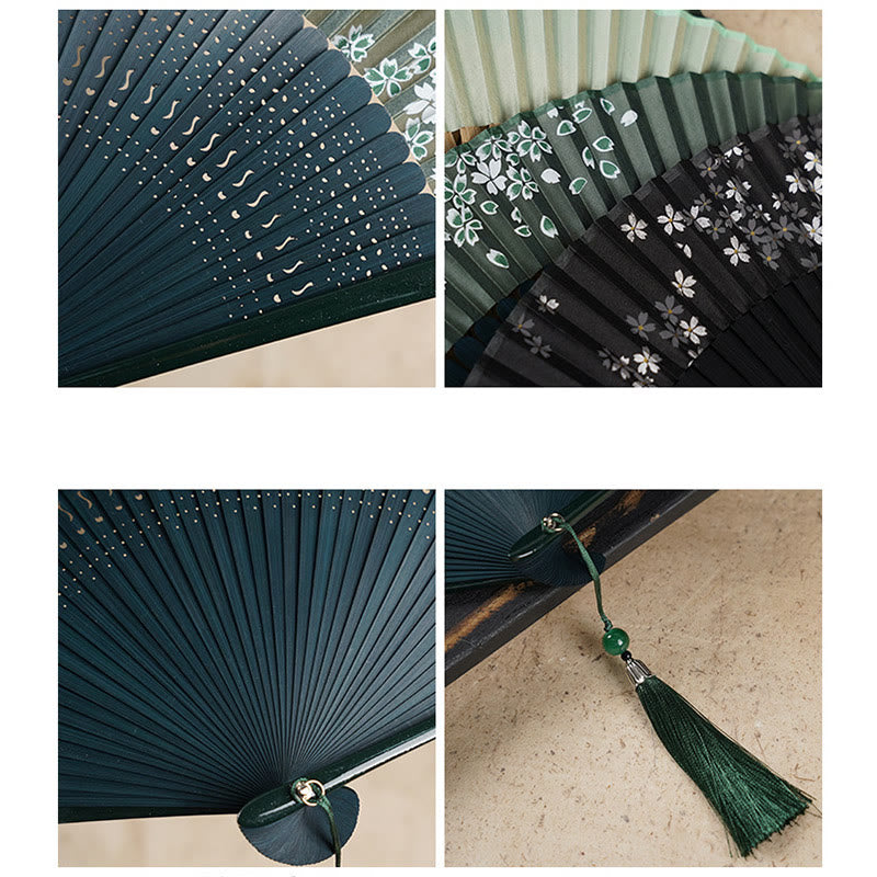 Simple Cherry Flower Hollow Engraved Handheld Bamboo Folding Fan