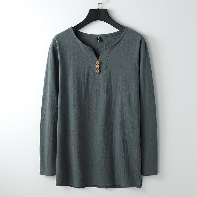 Solid Color Long Sleeve Button Shirt Cotton Linen Men Clothing
