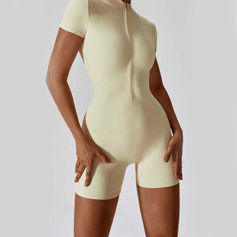High Stretch Zipper Short Sleeve Jumpsuit Sports Fitness Yoga Women Bodysuit