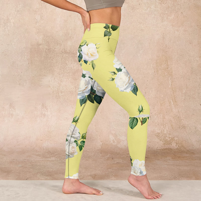 Yellow White Rose Print Sports Leggings Women's Yoga Pants