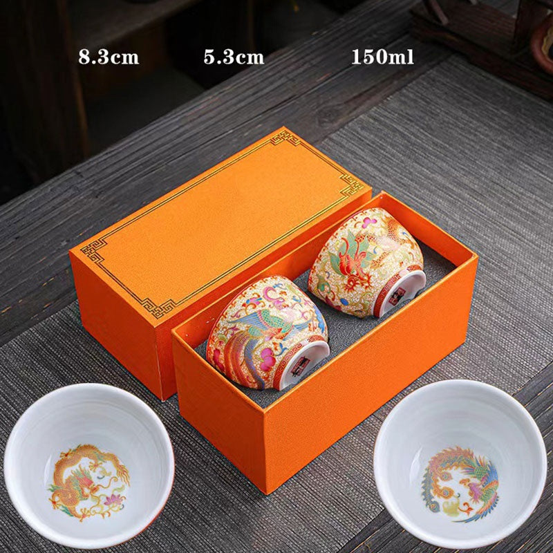 2Pcs Dragon Phoenix Ceramic Teacup Kung Fu Tea Cups