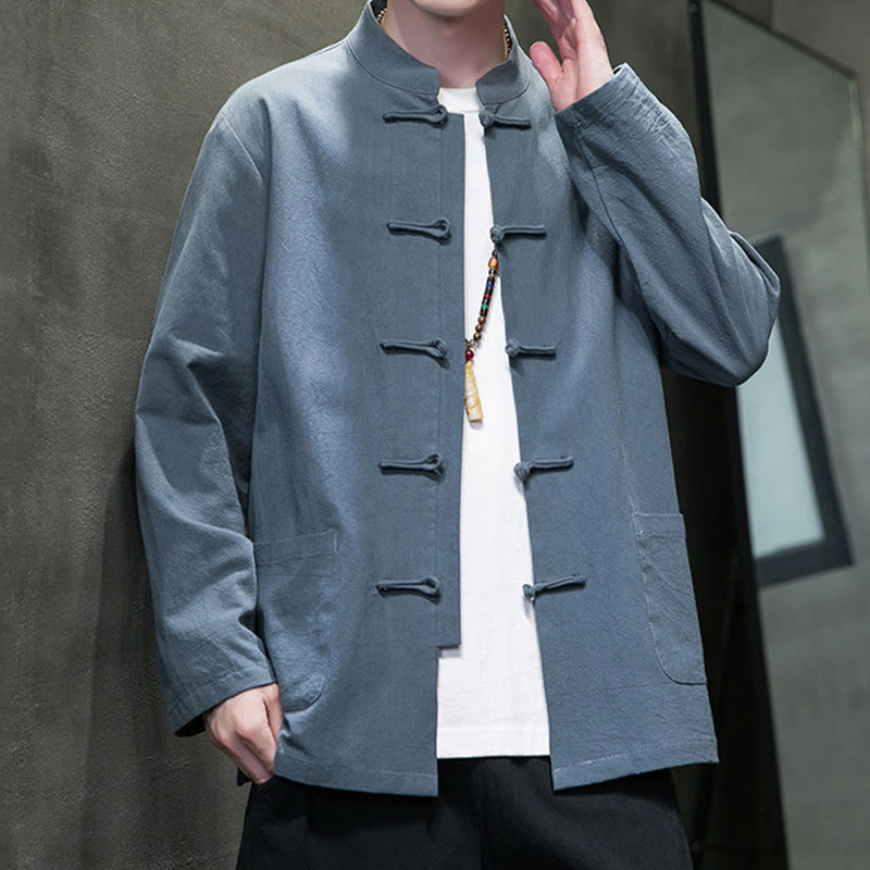 Solid Color Frog-button Tang Suit Cotton Linen Men's Jacket Shirt With Pockets