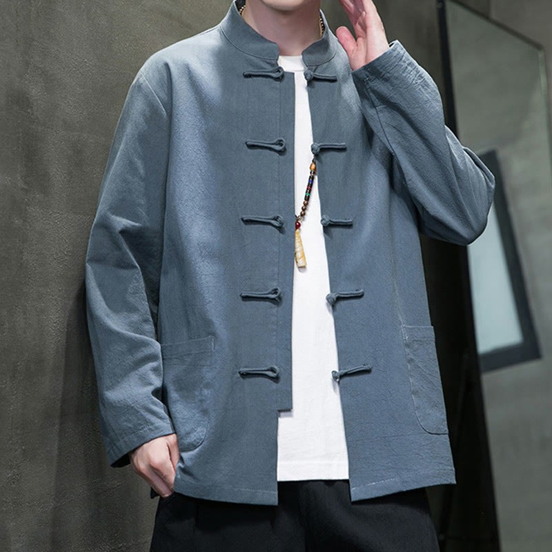 Solid Color Frog-button Tang Suit Cotton Linen Men's Jacket Shirt With Pockets