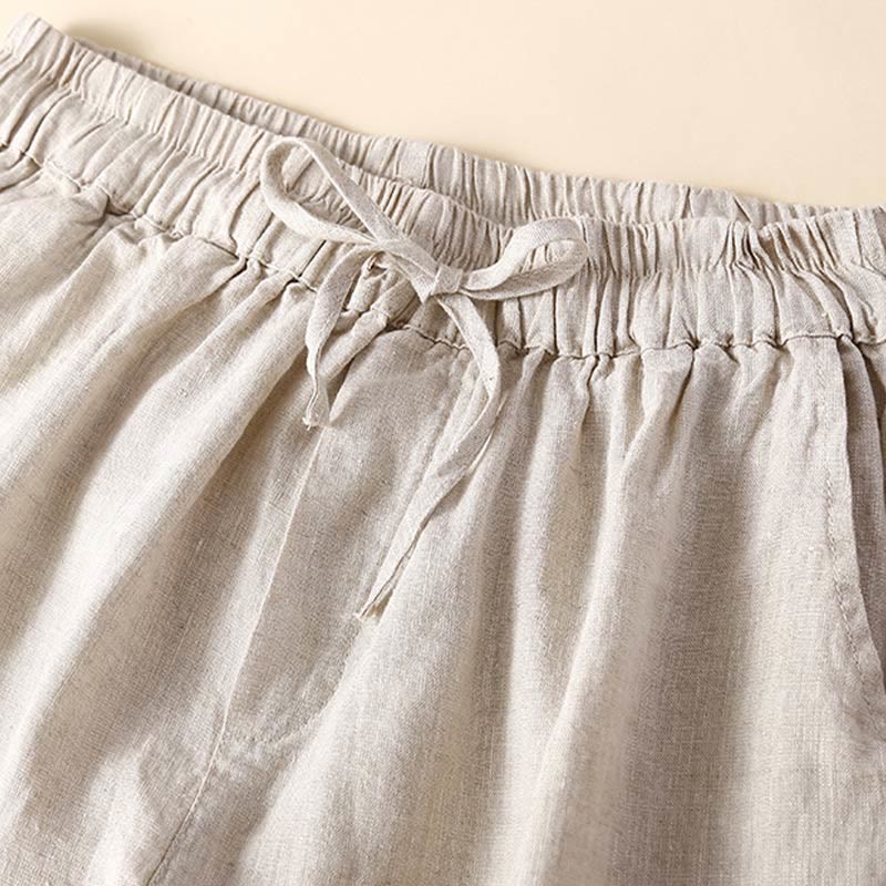 Plain Color Bottom Hollow Lace Design Lace-up Cotton Linen Women's Shorts With Pockets