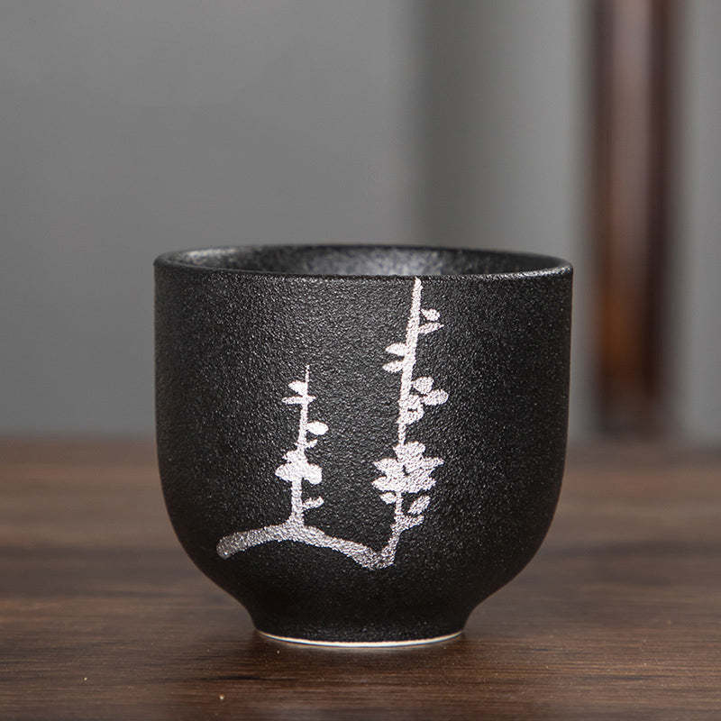 Hand Painted Lotus Flower Bamboo Chrysanthemum Black Pottery Ceramic Teacup Kung Fu Tea Cup 95ml
