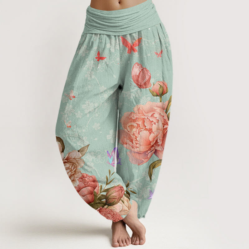 Casual Bright Peony Flower Butterfly Women's Elastic Waist Harem Pants