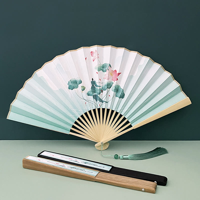 Retro Lotus Flower Leaf Mountain Lake Handheld Folding Fan With Bamboo Frames