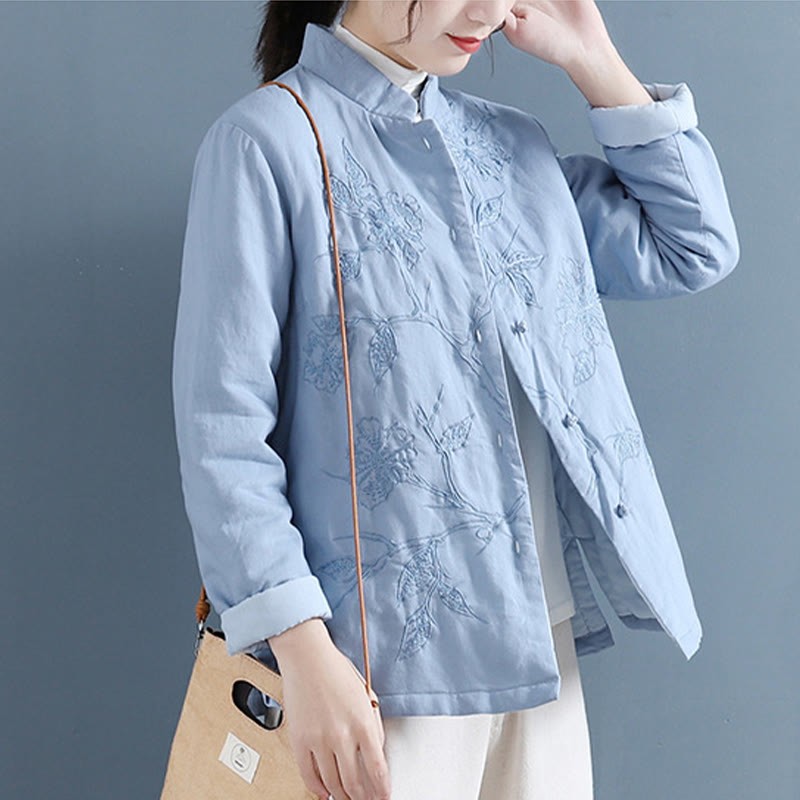 Retro Flower Design Thermal Long Sleeve Cotton Linen Women's Shirt